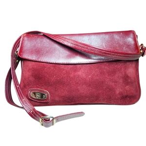 Vintage 70s Burgundy Red Leather‎ Flap Suede Shoulder Bag Gold Buckle Boho Twee